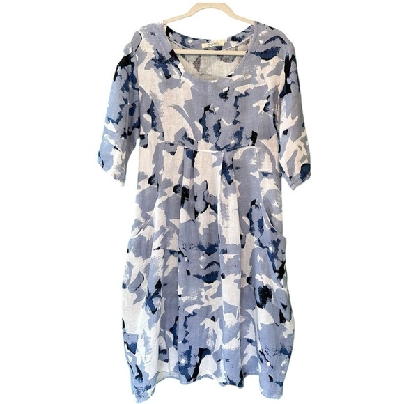 WoolOvers Womens Linen Tunic Dress Blue White Lagenlook Print Pockets Size 10 - Picture 2 of 12